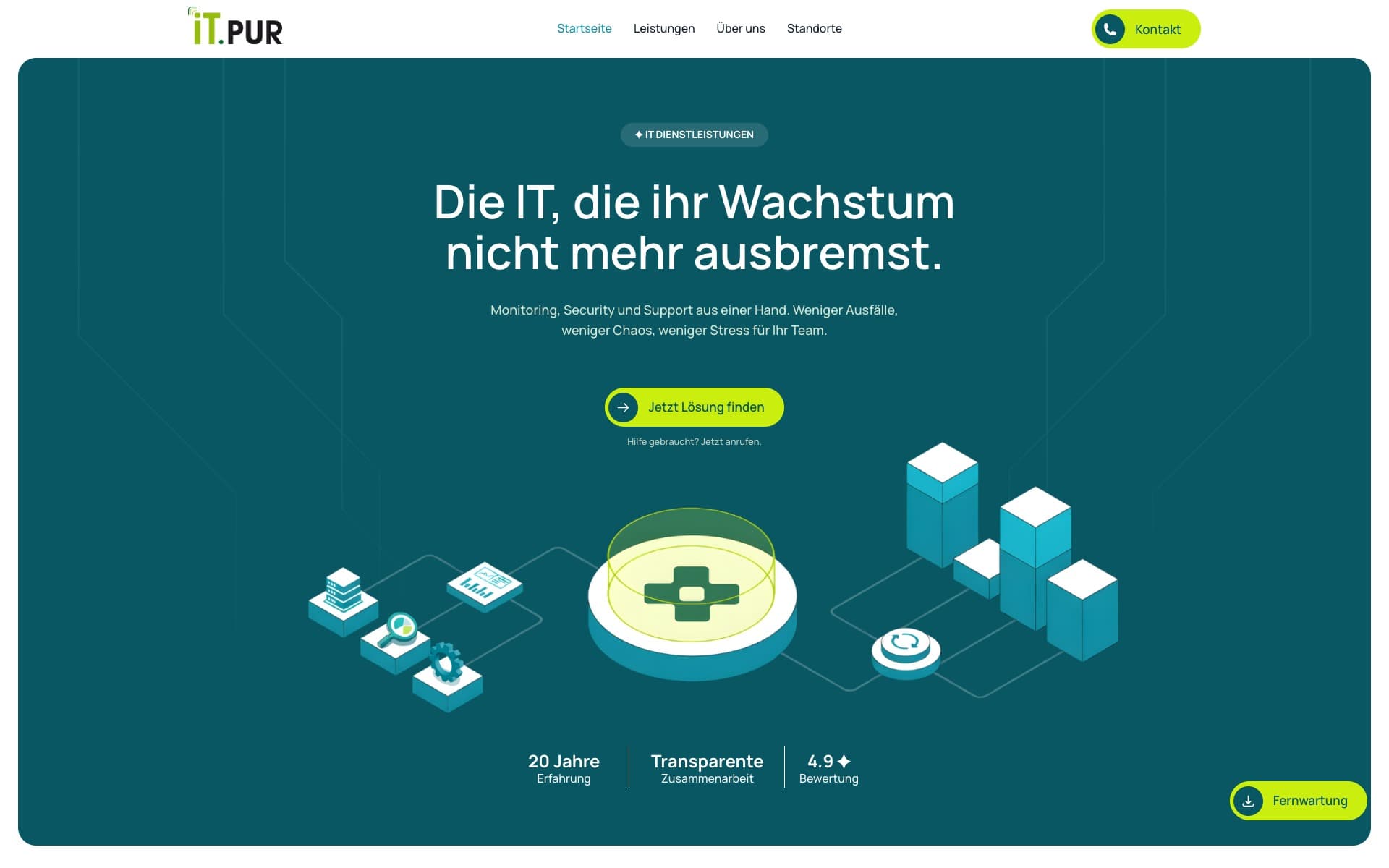 Hero von iT.PUR mit petrolfarbenem Hintergrund, limettengrünen Akzenten und einer isometrischen IT-Illustration.