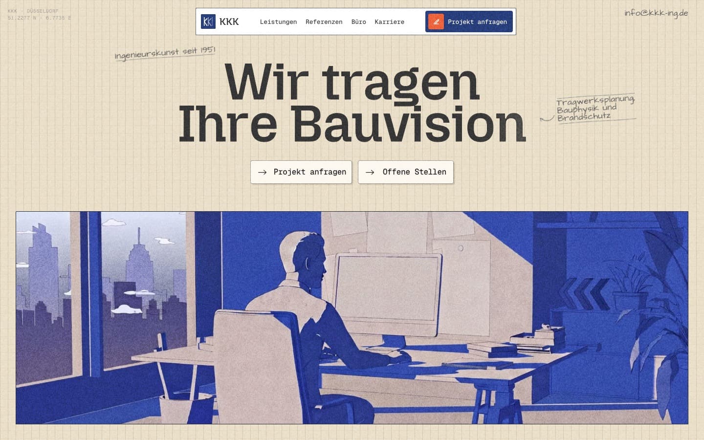 Eigenes Website-Konzept für die KKK Ingenieurgesellschaft mit Rasterpapier, der Überschrift Wir tragen Ihre Bauvision und einer blauen Illustration.