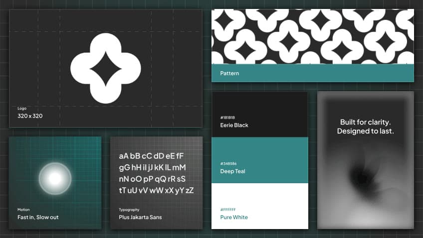 Bausteine einer Marken-Identität: Logo, Muster, Farbpalette und Typografie fügen sich zu einem Design-System zusammen.